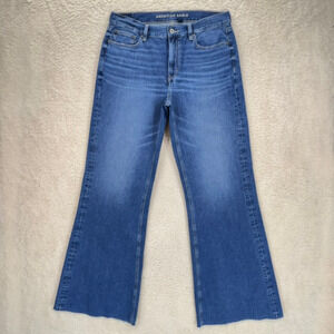 American Eagle Baggy Flare Jeans Women Size 10 Skater Boho Y2K Raw Hem Dark Wash